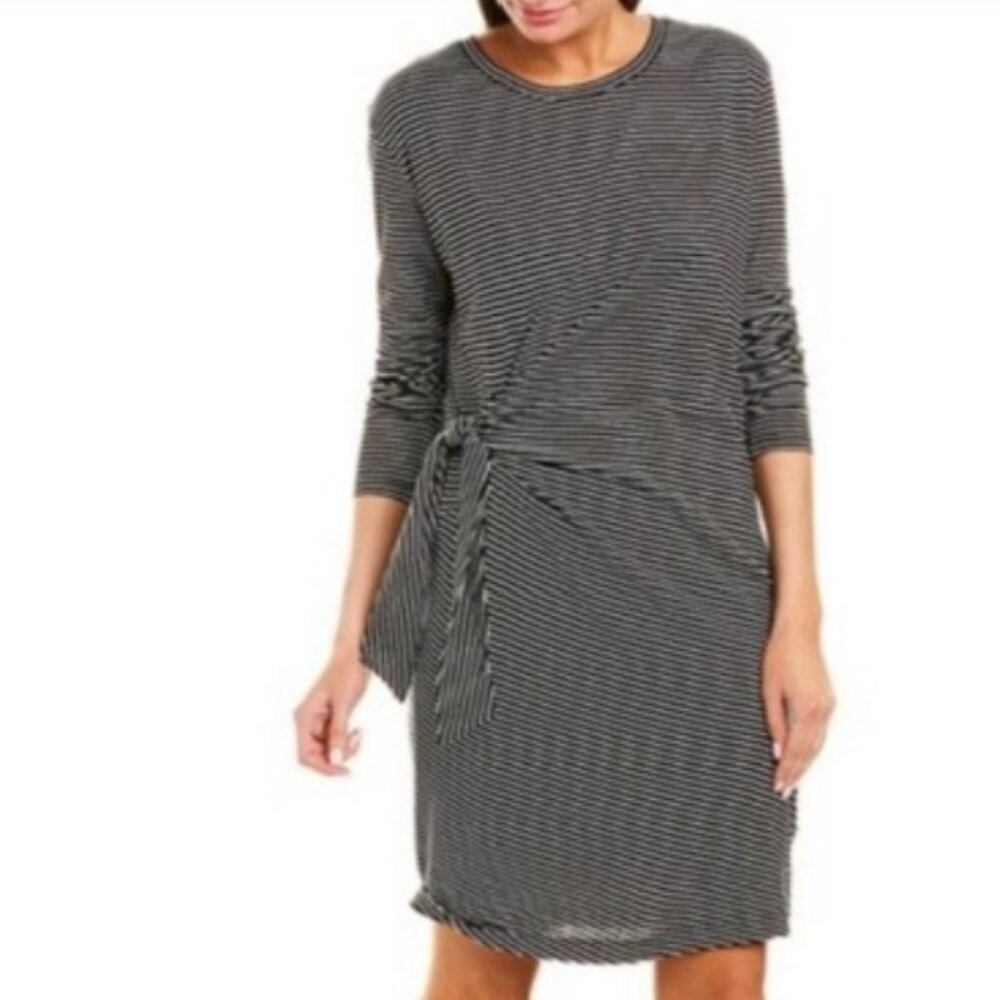 VINCE Small Black White Striped Long Sleeve Cotton Gathered Tie Waist Midi Dress